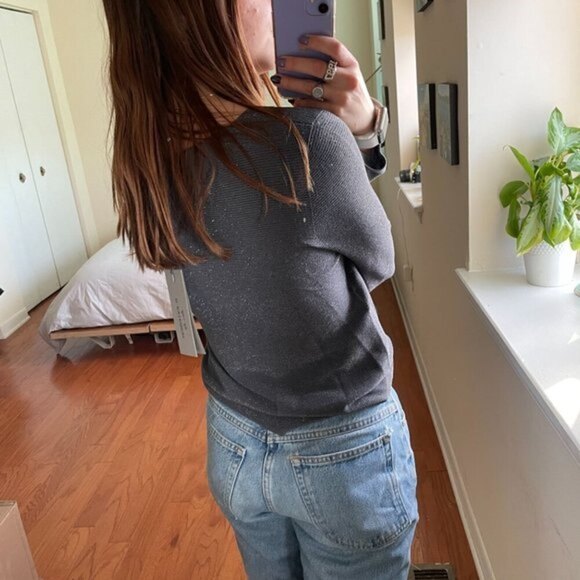 D. Exterior Metallic Boat Neck Long Sleeve T-Shirt Silver Size Large - Picture 4 of 7